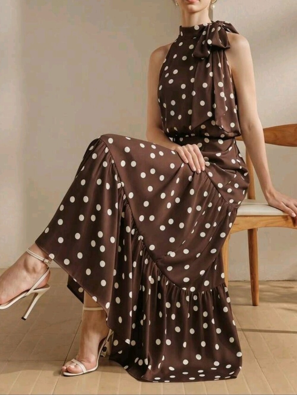 New Flowy Tie Neck Polka Dot Tiered Halter Maxi Dress Brown